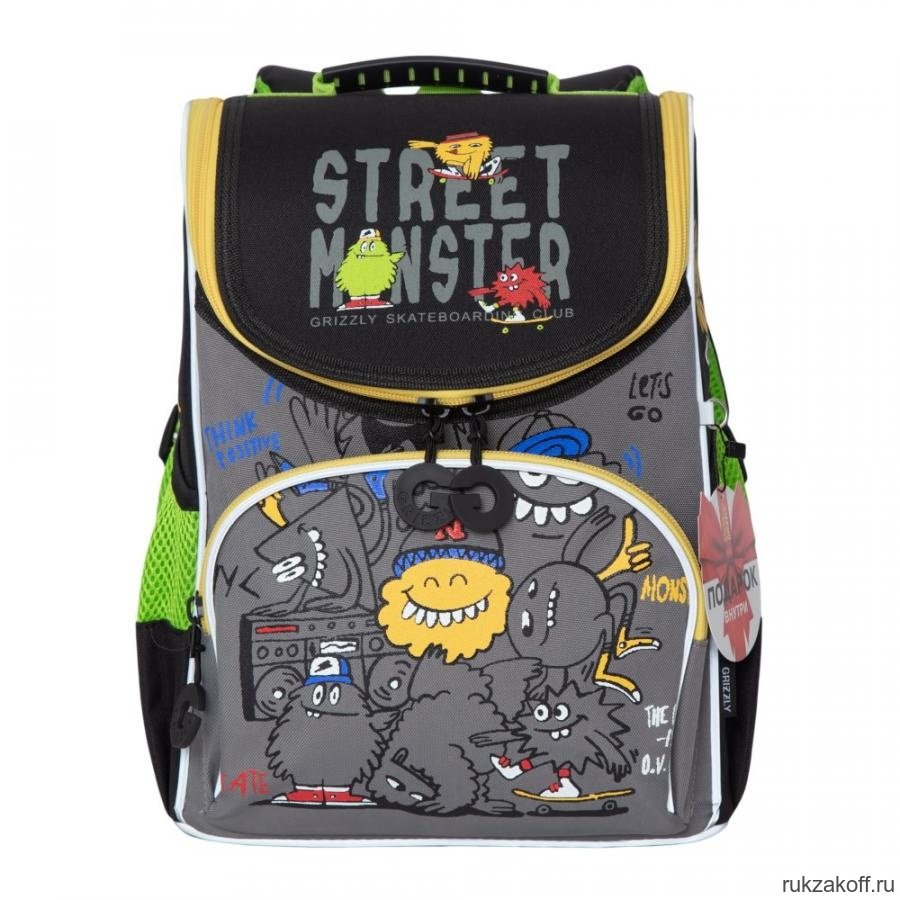 Рюкзак школьный с мешком Grizzly RA-972-5 Чёрный/Серый