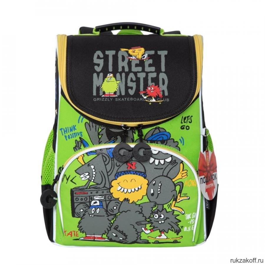 Рюкзак школьный с мешком Grizzly RA-972-5 Чёрный/Салатовый