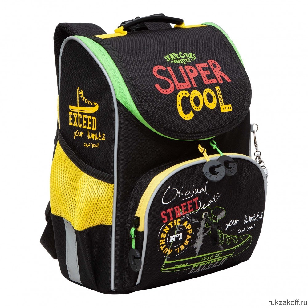 Рюкзак школьный с мешком GRIZZLY RAm-385-1 черный - салатовый