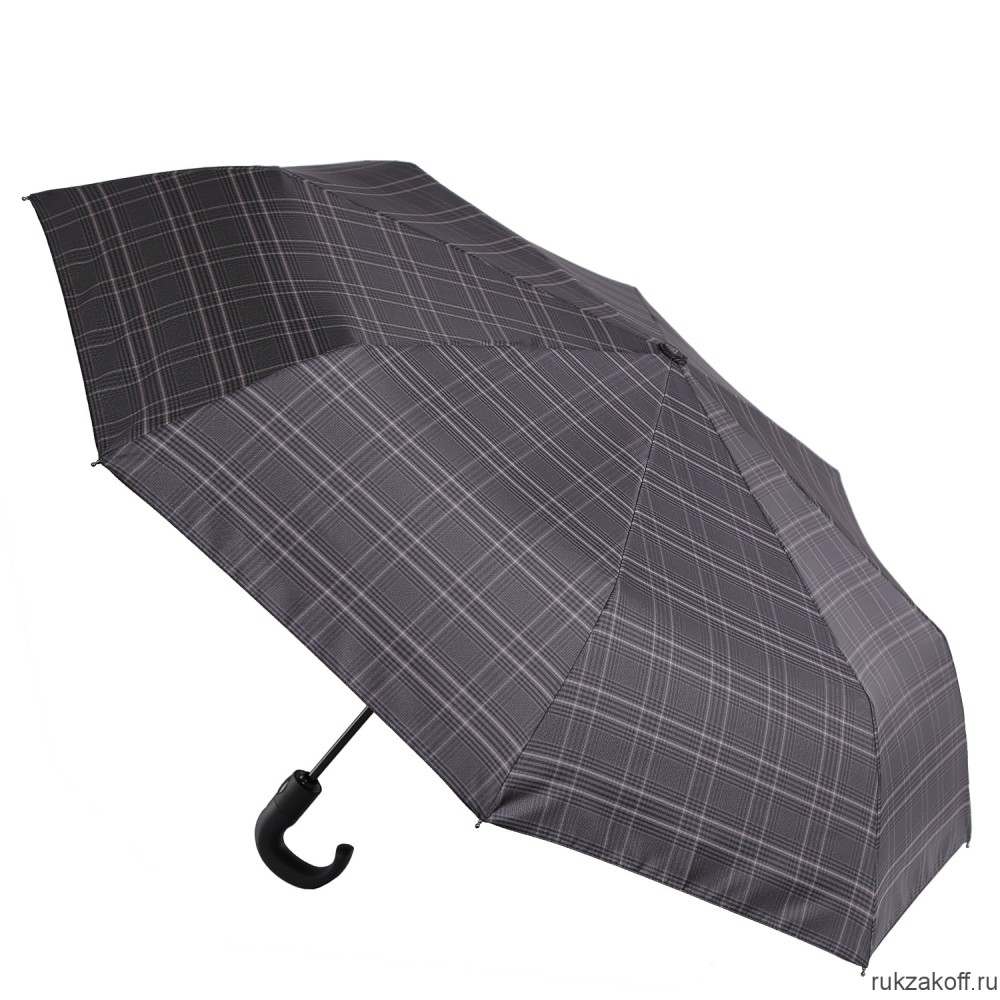 Мужской зонт Fabretti M-2002 автомат, 3 сложения, клетка, ручка крюк серый