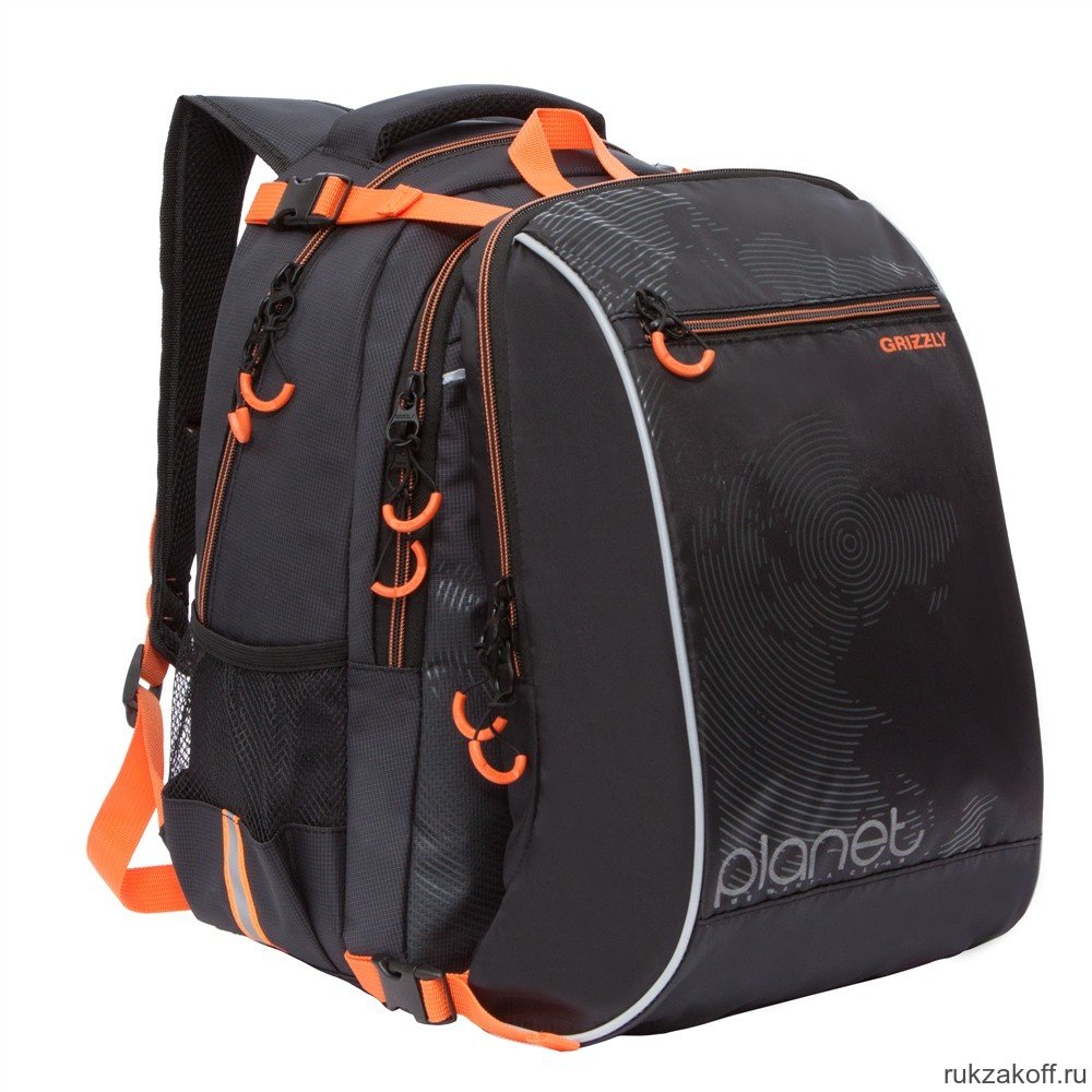 Рюкзак школьный с мешком Grizzly RB-056-1 Чёрный/Оранжевый
